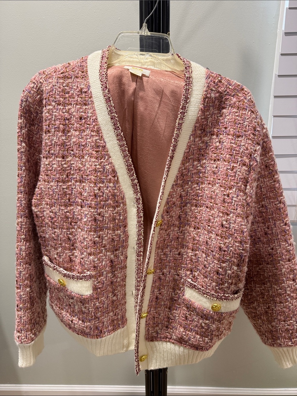Anthropologie Women’s Pink Tweed Cardigan Jacket with Cream Trim